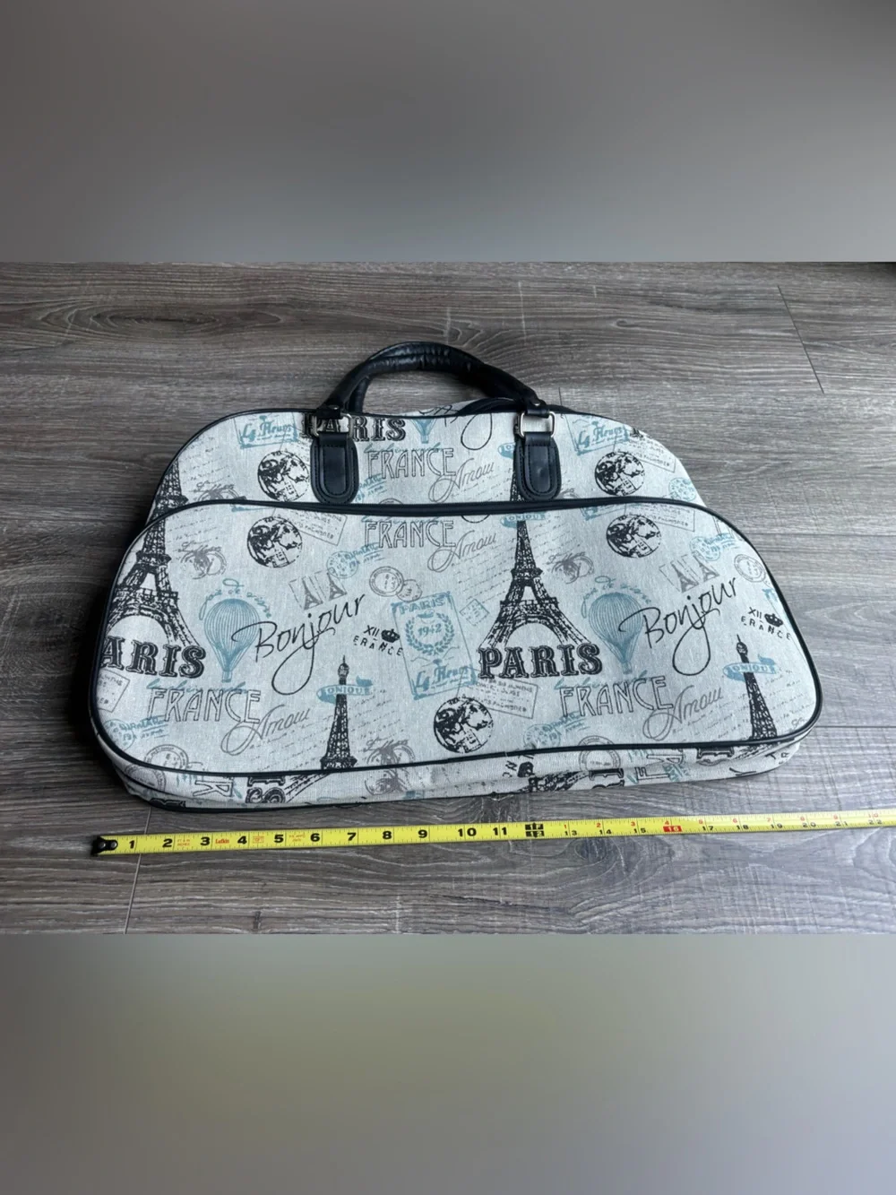 Paris Print Travel Weekender Bag in Light Gray and Black